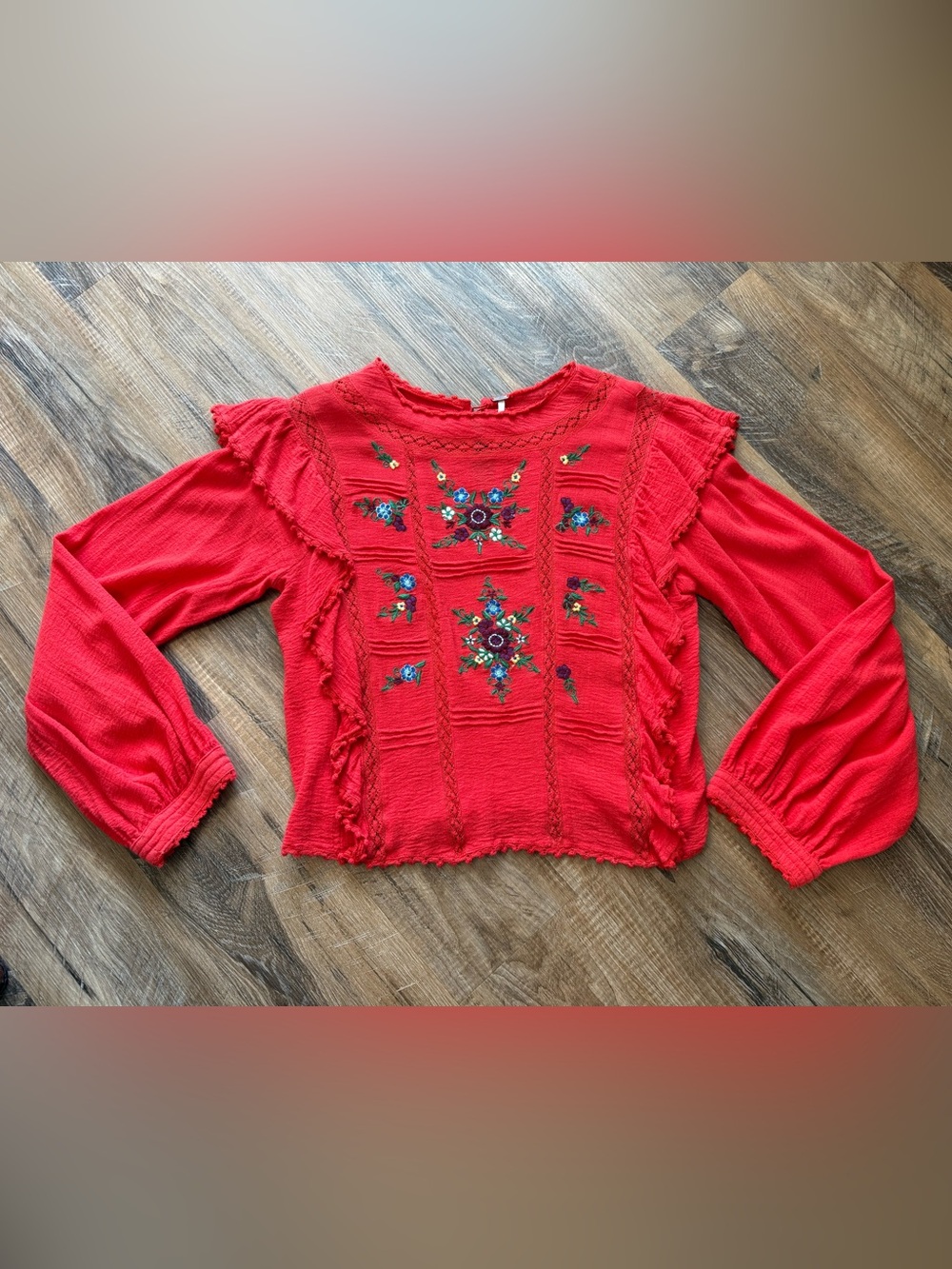 Free People Red Embroidered Ruffle Long-Sleeve Blouse